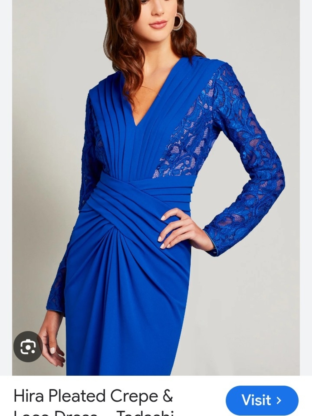 Tadashi Shoji Cobalt Blue Pleated Crepe & Lace Long Sleeve Midi Dress